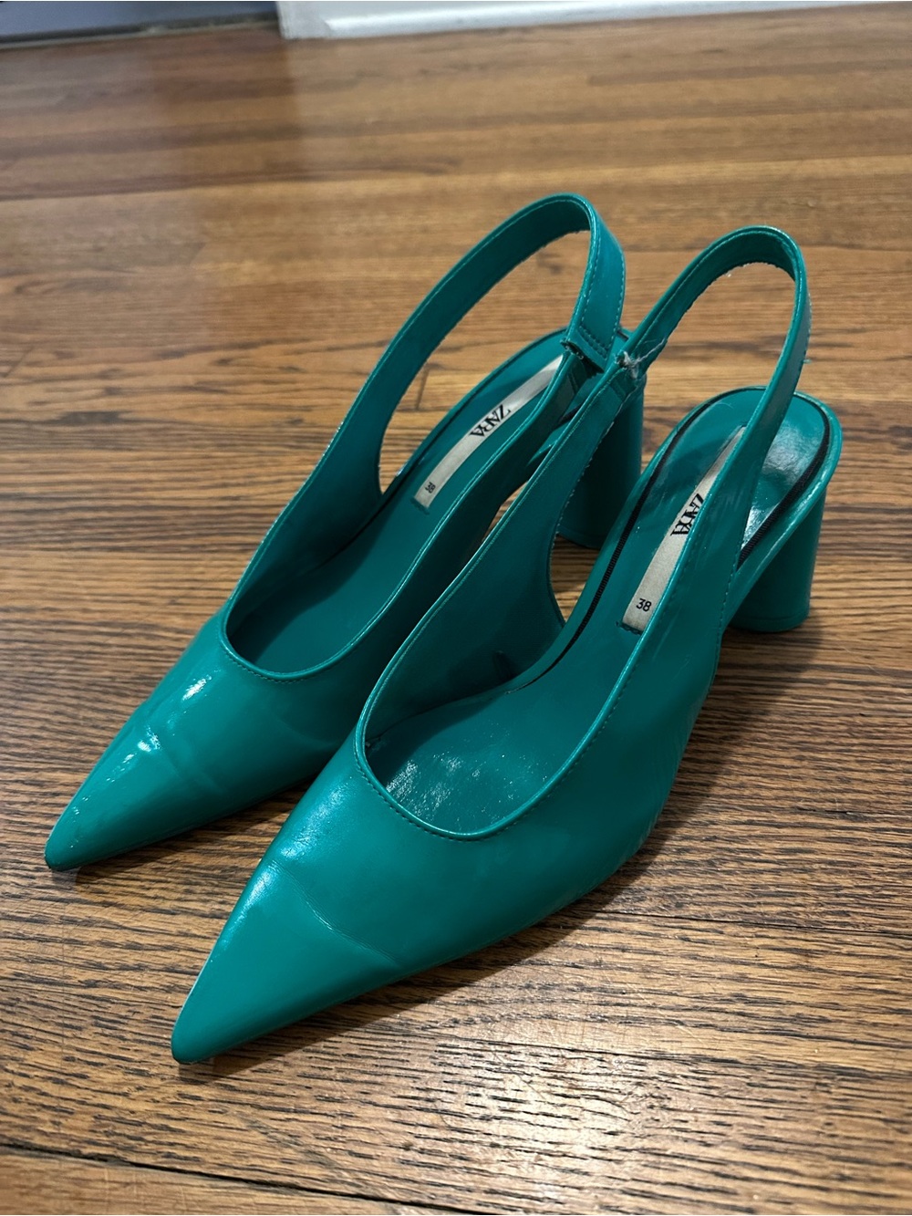 Zara Teal Slingback Pointed-Toe Block Heel Pumps